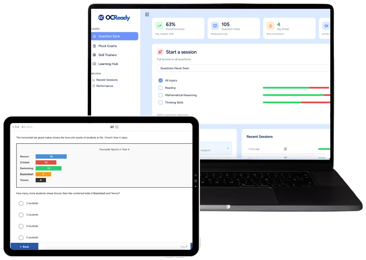 OCReady Dashboard Preview showing practice questions and mock exam interface